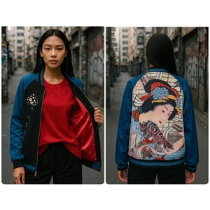 Chaqueta de bombardero japonesa geisha satinada bordada ropa de calle retro unisex talla M NUEVA - Imagen 1 de 11