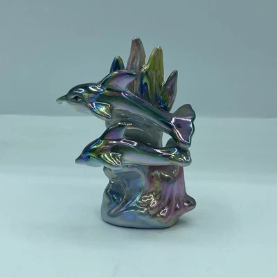 Figura de delfín de cerámica iridiscente de dos delfines de colección lustre Foto 1 de 4
