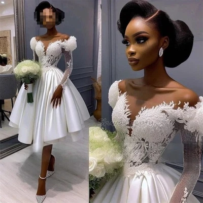 Длина до колена свадебные платья с длинными рукавами кружева аппликации трапециевидный с плеча - Изображение 1 из 4