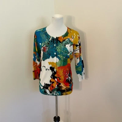 Joseph A Blue and Orange Graphic 3/4 Sleeve Cardigan - Image 1 of 4