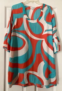 ESCAPADA Tunic/Dress Size Large Orange/Teal/White Bell Sleeve Women's - Picture 1 of 4