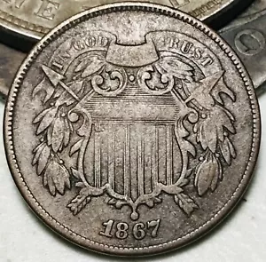 1867 Two Cent Piece 2C Ungraded Civil War Era US Copper Coin CC24782 - Picture 1 of 4