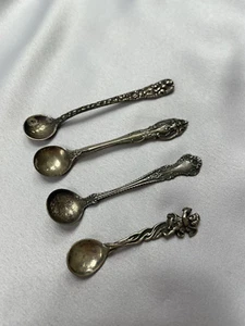 Lot 4 Antique Sterling Salt Spoons Cupid Floral Repousse Chrysanthemum La Scala - Picture 1 of 12