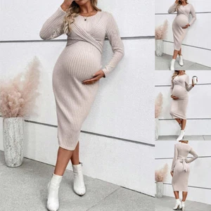 Women Pregnancy Ribbed Maxi Dress Maternity Nursing Long Sleeve Bodycon Dresses - Picture 1 of 16