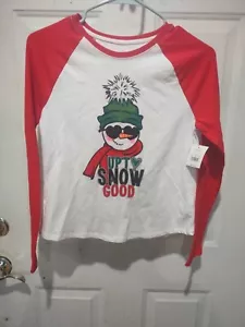 Girls Red & White Up To Snow Good Snowman Holiday Christmas Raglan Shirt 14-16 - Picture 1 of 3