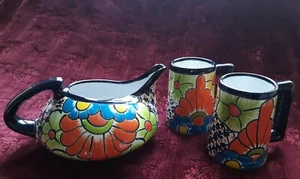 Talavera Hand Painted Floral Pitcher & Two Mugs - Hencho en Mexico Pottery - Picture 1 of 12