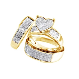 14K Yellow Gold Plated His & Her Moissanites Heart Bridal Wedding Trio Ring Set - Picture 1 of 10