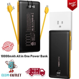 Portable Charger Power Bank Built in Cables and Wall Plug, 10000mAh iPhone Batte - Picture 1 of 24