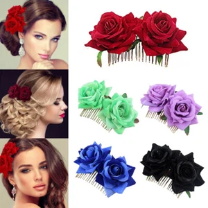 Women Double Artificial Rose Flower Hair Clip Fork Comb Wedding Bridal Hairpin - Picture 1 of 36
