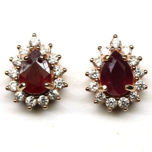 NATURAL 6 X 8 mm. RED RUBY & CZ EARRINGS 925 STERLING SILVER ROSE GOLD COATED
