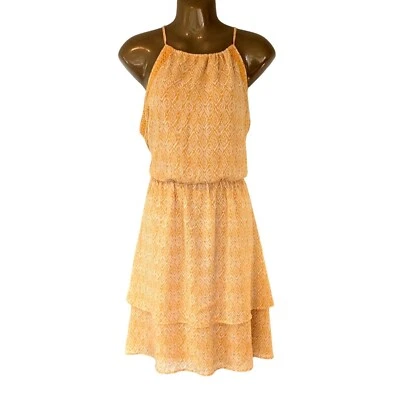 Saffron Yellow Halter Tie Dress L Crochet Boho Flutter Skirt Geometric Ikat Lg - Image 1 of 4