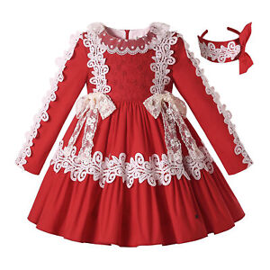 Girls Princess Lace Xmas Dresses Party Prom With Headband Autumn Red 3-12 Years