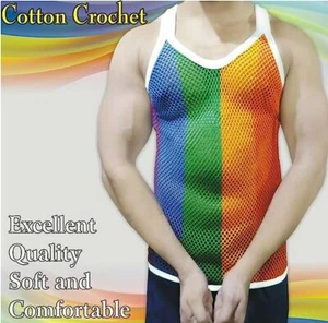 Canotta a rete LGBTQ maglia righe arcobaleno canotta canotta gay parata orgoglio tessuto costume - Foto 1 di 3