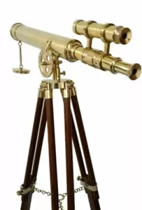 Telescopio da pavimento nautico doppio barilotto ottone con treppiede in legno - Foto 1 di 5