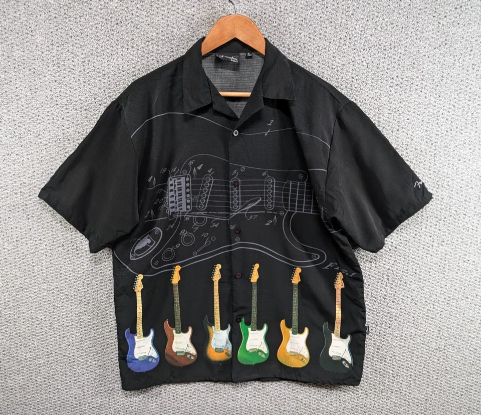 Fender by Da Vinci Vintage Men's Black Electric Guitar Print Button Shirt M L — 第 1/4 张图片
