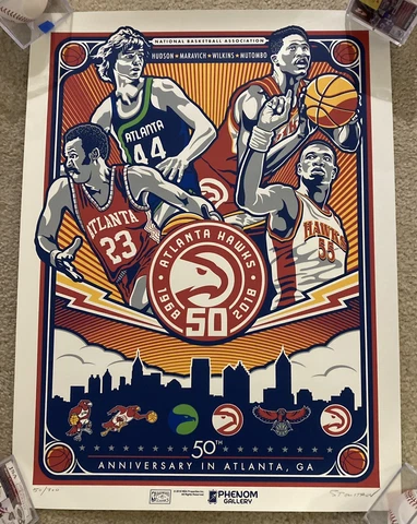 Atlanta Hawks 50th Anniversary 2018 Commemorative Poster #50/300 Artist Signed Cover