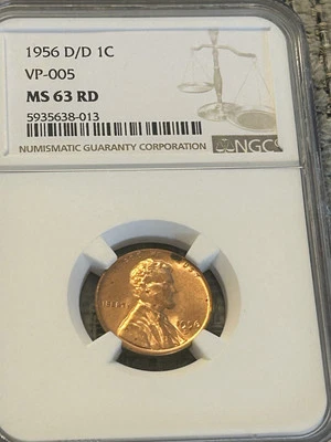 1956-D/D Error, 1C RD Lincoln Wheat Penny, VP-005, MS 63 Red, Collection Piece | - Image 1 of 4