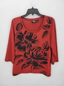 Onque Freizeit Top Damen groß rot schwarz abstrakt Perlen Blumen 3/4 Arm - Bild 1 von 10