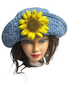 90’s Y2K Vintage Hat Denim Bucket Hat Big Sunflower Cotton Boho Cottagecore - Picture 1 of 5