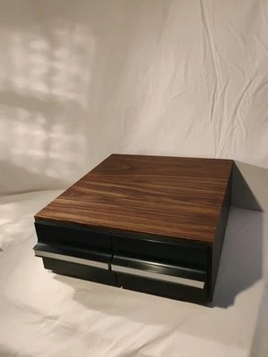 Vintage Audio Cassette Tape Storage Box Case w/2 Drawers, Holds 24, Faux Wood - Image 1 of 4