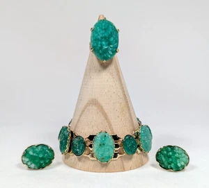 Green Faux Jade Bracelet Adjustable Ring and Non-Pierced Earrings Set - Picture 1 of 10