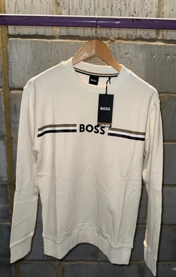 Boss Men's Cream Striped 'BOSS' Cotton Sweatshirt - Image 1 of 4