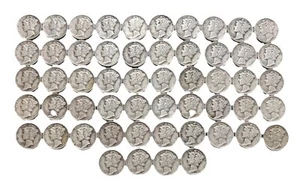 54 Mercury 90% Silver Dime Roll - $5.40 F.V. Circulated - Picture 1 of 10