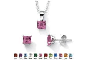 BIRTHSTONE PRINCESS CUT JUNE ALEXANDRITE NECKLACE EARRINGS STERLING SILVER - Picture 1 of 1