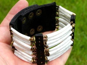 Cuff bracelet good luck dentalium shells Bison leather bone cool Shaman style - Picture 1 of 8