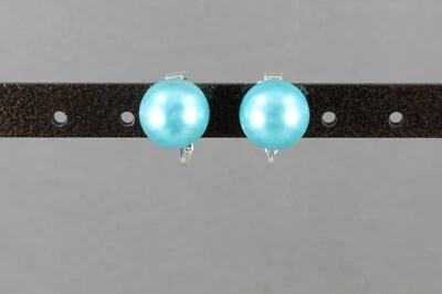 Aqua faux pearl Clip On earrings big bead pendant clips earrings lightweight - Image 1 of 4