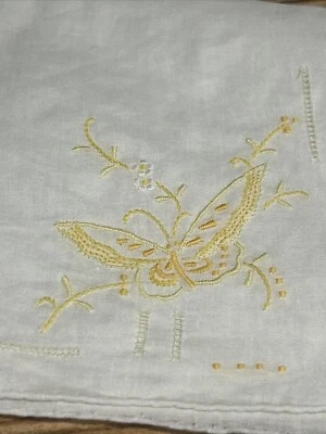 Винтажный женский носовой платок белый вышитый желтый бабочка лен 10 дюймов - Изображение 1 из 4