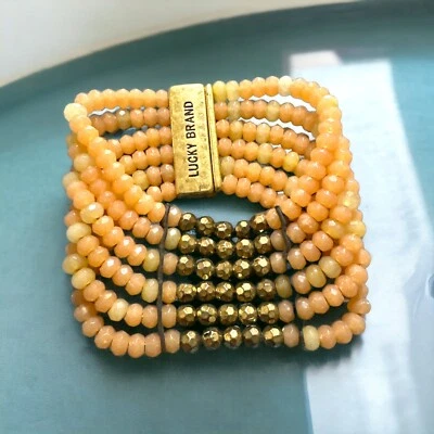 LUCKY BRAND Peach Carnelian Gold-tone Bead Leather Multi Row Bracelet - Image 1 of 2