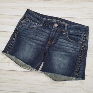 American Eagle Stretch Cut Off Denim Midi Shorts Braided Faux Leather Trim Sz 2 - Picture 1 of 5