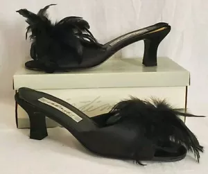 Vtg Women's Black Satin Heeled Slippers Mules Ostrich Feathers XL 11.5-12.5 - Picture 1 of 23