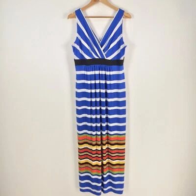 RSVP Mujer Vestido Talla 12 Maxi Azul Rayas Sin Mangas Cuello en V Elástico 070309 Foto 1 de 4