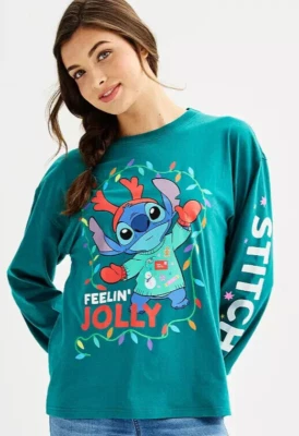 DISNEY STITCH FEELING JOLLY CHRISTMAS LONG SLEEVE T SHIRT  Junior's Size XXL - Image 1 of 4