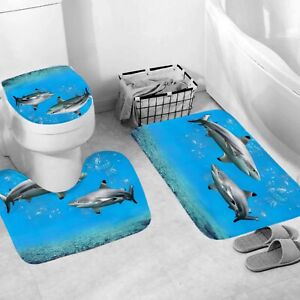 Shark Shower Curtain Bathroom Rug Set Thick Bath Mat Non-Slip Toilet Lid Cover