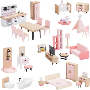 Set Di Mobili Casa Bambole Legno, 36 Mobili Casa Bambole Con 4 Bambole Di Famigl - Foto 1 di 12