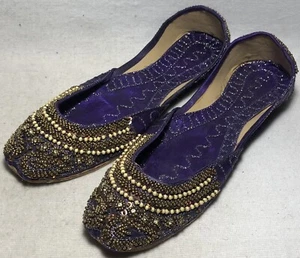 Pakistani Jutti Shoe Flats Women's 8 Embroidered Embellished Beaded Purple Gold - Picture 1 of 9