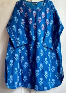 ✩BNWT! Fab *FABINDIA* Blue Embroidered Hand Block Printed Cotton Midi Dress XL✩ - Picture 1 of 9