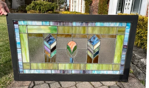 antique STAINED Leaded MISSION GLASS Window - 42" by 24" Cover
