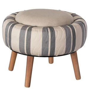 New Modern Striped Round Fabric Ottoman with Inner Storage , White and Blue - Picture 1 of 7