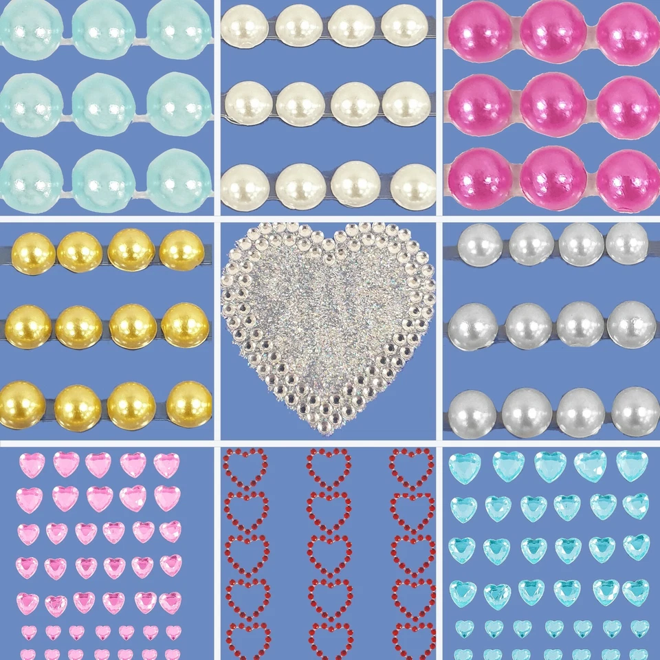DIAMANTE HEART / PEARL STICKER SETS Love Craft Pack Crystal Bead Embellishments - Image 1 of 1
