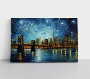 Brooklyn Bridge New York City Painting Framed Canvas Wall Art | Van Gogh Style - Picture 1 of 8