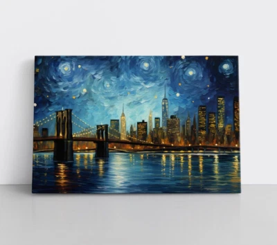 Brooklyn Bridge New York City Painting Framed Canvas Wall Art | Van Gogh Style - Image 1 of 4