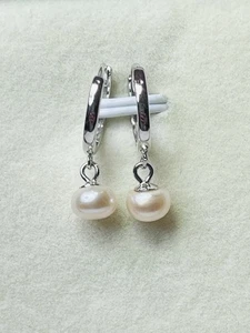 925 Sterling Silver Natural Off White Culture Pearl Hoop Earrings Certified - Picture 1 of 12