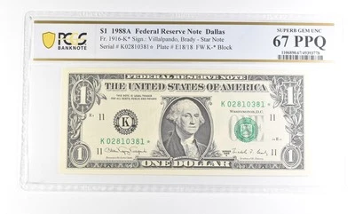 1988 A $1 Dallas TX FRN Star Note Fr#1916-K* Superb Gem Unc 67 PPQ PCGS *2900 - Image 1 of 3