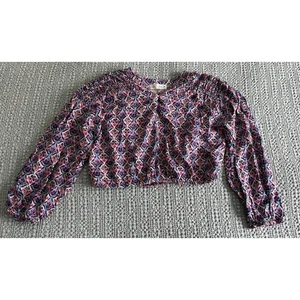 Zara Floral Print Crop Top Smocked Blouse Long Sleeve Girls Size 11-12 - Picture 1 of 3