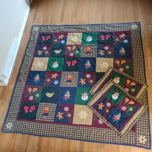 Vintage Christmas Patchwork Quilt & Shams Set Rustic Country Cabincore 85 x 84 - Picture 1 of 10