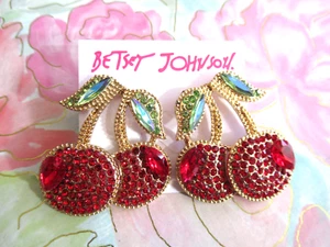 Red Crystal & Gemstone Cherry Dangle Betsey Johnson Pierced Earrings NWT - Picture 1 of 5